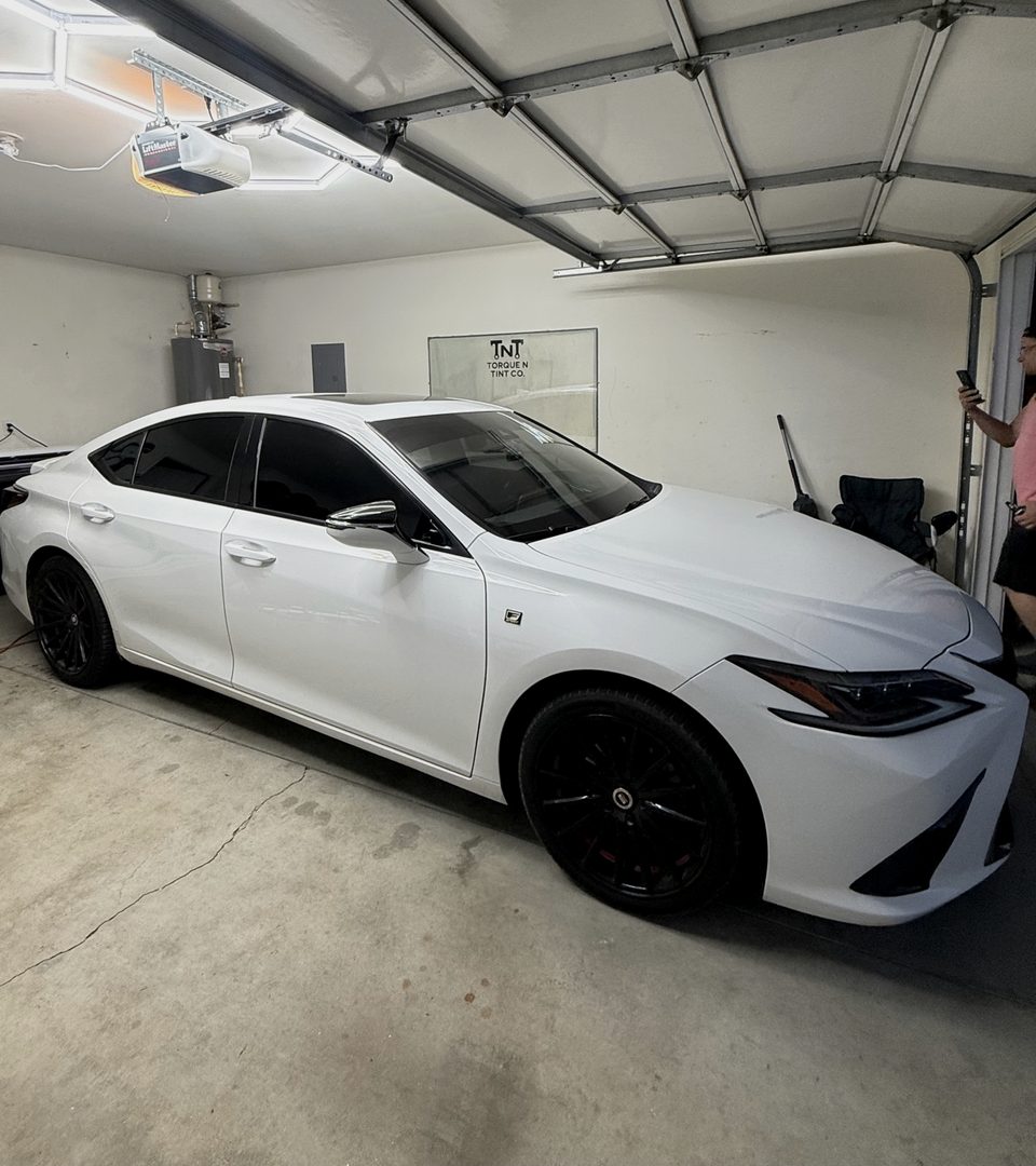 White Lexus ES inside the Torque N Tint Co. shop in Five Forks, SC
