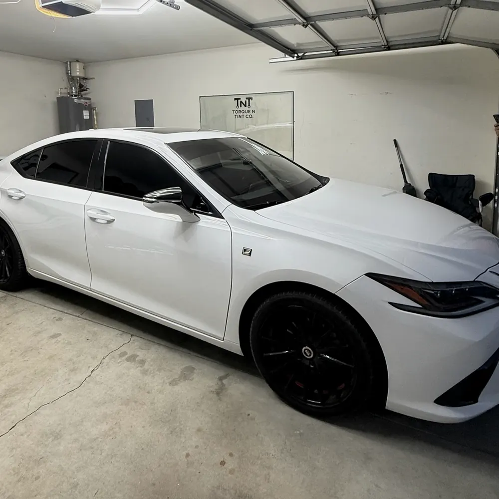 White Lexus ES inside the Torque N Tint Co. shop in Five Forks, Simpsonville SC